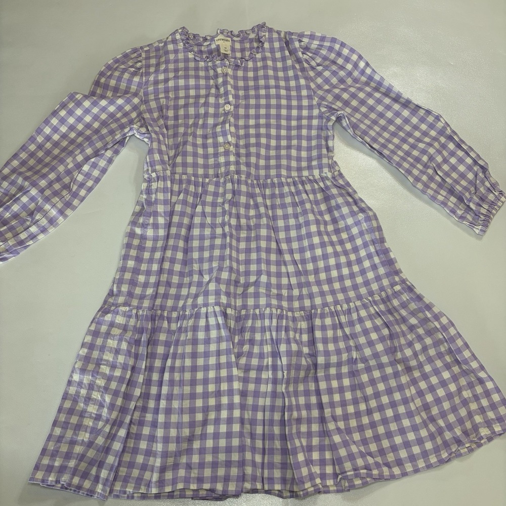 J Crew Crewcuts Girls Size 10 Purple Gingham Tiered Long Sleeve Dress